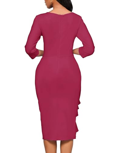 Image of Church Dresses for Women 3 /4 Sleeve Ruffle Vintage Bodycon Cocktail Work Midi Pencil Dress