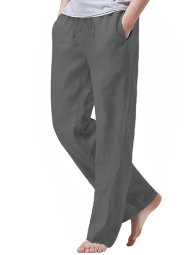 Image of iWoo Linen Pants Men Casual 2025 Summer Beach Elastic Drawstring Waist Yoga Pants Travel Baggy Work Pant Pajama