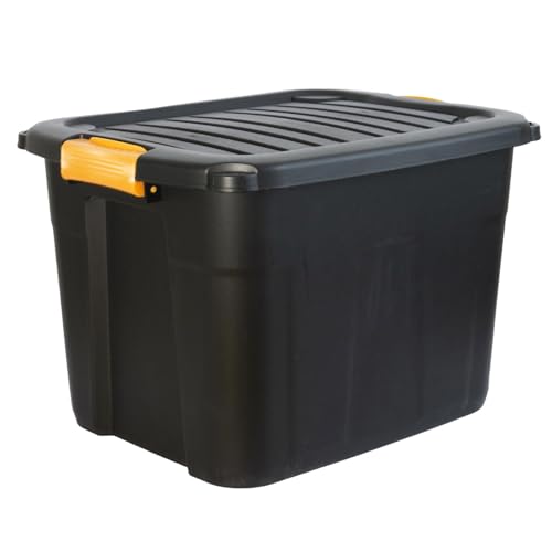 DANIEL JAMES Housewares Heavy Duty Storage Box with Lid - Large Plastic Stackable Storage Boxes with Clip Handles - Lockable BPA Free Indoor Outdoor Garage Storage Trunk Box - Black 20l