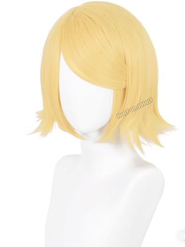 Image of Half and Half Short Blonde Side Part Anime Cosplay Wig Blonde Virtual Singer Costume Wigs Women's Light Golden Layered Hair Wig for Female Halloween Party Daily