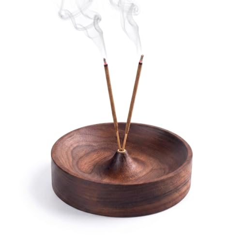 Image of Round Ebony Wood Incense Holder Bowl, Incense Burner Tray for Incense Sticks, Vintage Wooden Joss Stick Stand with Ash Groove, Meditation Relaxation Room Decor