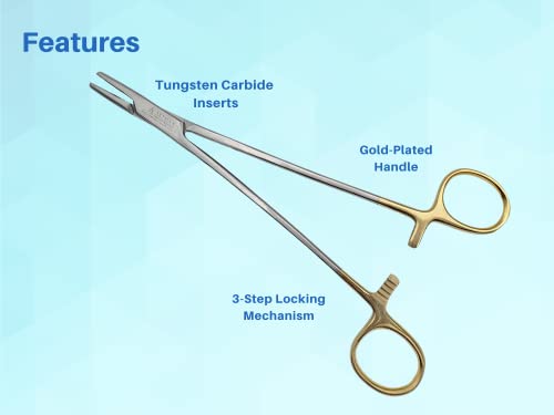 Image of Artman Instruments Mayo Hegar Needle Holder 8 inch Tungsten Carbide Inserts, Gold Plated Needle Driver with Strong Lock, Serrated Jaws for Precise Suturing, Autoclavable (8 Inches)