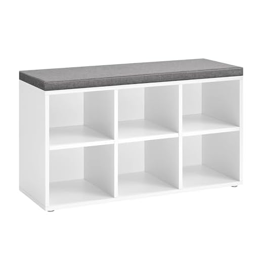 VASAGLE Shoe Bench, Shoe Storage Organizer with 6 Compartments and 3 Adjustable Shelves, Cushioned Seat, Compact and Narrow, for Entryway, Hallway, Closet, White and Gray ULHS23WT
