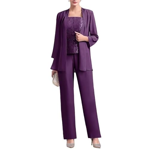 3 Pieces Mother of The Bride Pant Suits for Wedding Long Sleeve Lace Formal Pants Outfit with Jacket