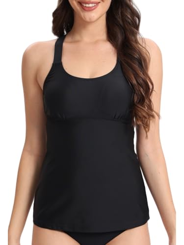 PANAX Damen Tankini Oberteil mit integriertem BH - Bademode, Badeanzug, Strandbekleidung, Swimwear Mode, Beachwear, Sporttop für Frauen, Alltags Tanktop (Nur Tankini Oberteil) Schwarz, Größe XL