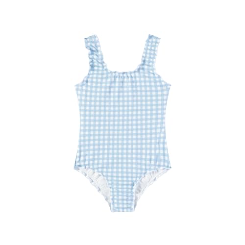 LIZENS Girls' Swimwear One Piece Scoop Neck Swimsuit Blue Plaid Cute Beach Bathing Suit for Kids