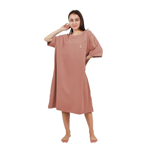 OCCIENTEC Chemise de Nuit pour Femme en Coton Grande Taille Chemise de Nuit Longue à Manches Courtes avec Broderie Lapin Rouge-Orange, 6XL