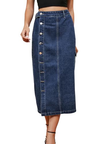 Women's Casual High Waist Denim Mid Skirt Slit Button Up Jean Skirts with Pockets