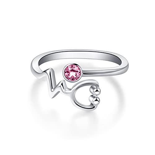 AOBOCO Sterling Silver Heartbeat EKG Stethoscope Ring Embellished with Simulated Birthstone Crystal from Austria, Medical Jewelry for Doctor Nurse Medical Student RN Nurse Gifts for Women