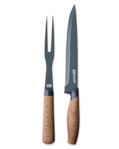 Taylors Eye Witness Brooklyn Walnut 2-Piece Carving Knife & Fork Set Professional Stainless Steel Kitchen Knife Set for Meat Turkey & Roasts. Nonstick Blades with Walnut-Effect Soft Touch Handles