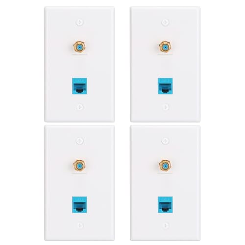 Ethernet Coax Wall Plate,Include CAT6 Keystone Coupler and 3GHz Gold Plated Coax Keystone Jack,F Type Port Wall Plate,4Pack