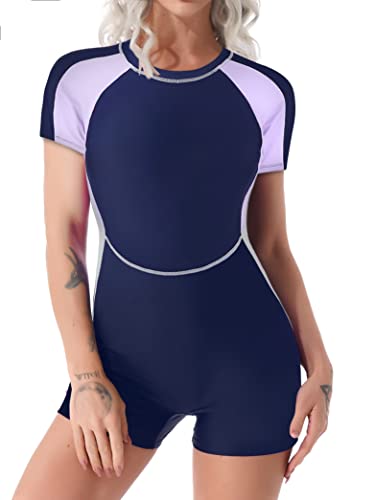 Yihuimin Women One-Piece Swimsuit Color Block Contrast Jumpsuit Short Boyleg Swimwear for Swimming Surfing Light Purple Large