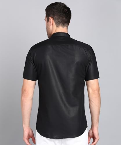 Image of MILDIN Men's Cotton Blend Solid Shirt with Spread Collared Half Sleeve Curved Hemline Button Closure Regular Fit and One Pocket | Half Sleeve Shirt for Men