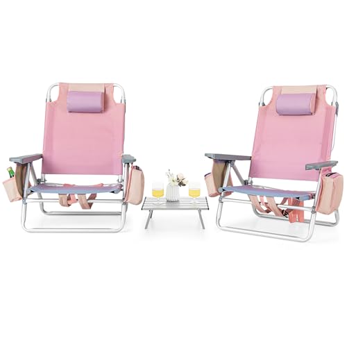 Tangkula Backpack Beach Chair with Table 5-Position Lay Flat Chairs with Cooler Bag 2 Cup Holders Towel Bar Lightweight Low Folding Chair with Backpack Straps Pink