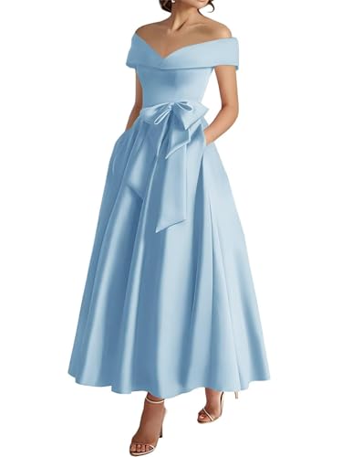 Robe de mère de la mariée en satin à épaules dénudées Longueur thé Robe d'invité de mariage formelle avec nœud, bleu ciel, 48