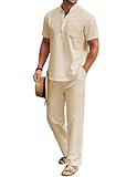 COOFANDY Men's 2 Pieces Cotton Linen Set Short Sleeve Henley Shirts Casual Loose Pants Summer Beach Yoga Outfits