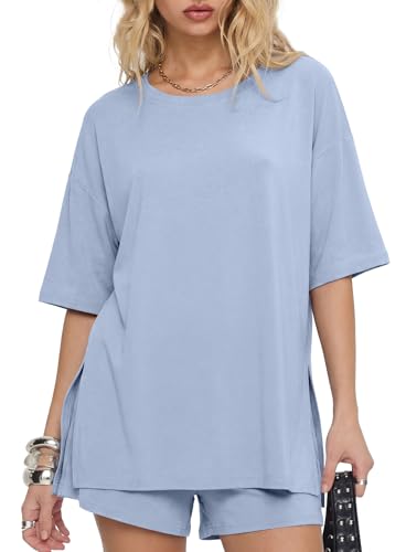 Image of Darong Women's 2 Piece Shorts Set Loungewear | oversized tshirts,crew neck top,drawstring shorts,elastic waist, side pockets,summer travel outfits