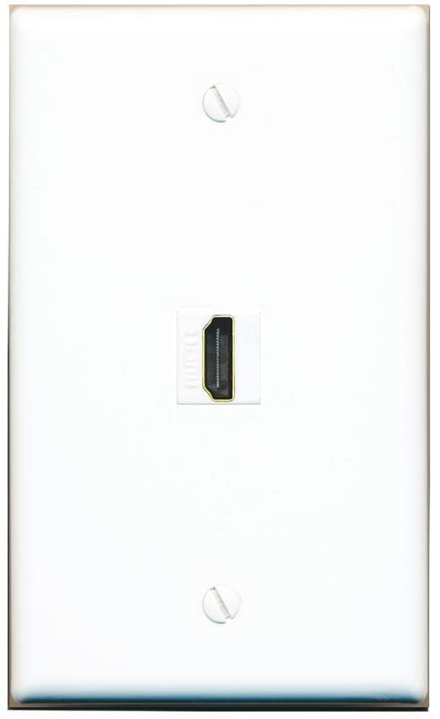 Placa de pared HDMI en salón moderno con toma empotrable blanca para televisión