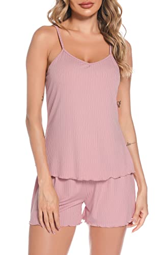 Vlazom Pijama Mujer Sexy, Pijama Verano Mujer Corto de 2 Piezas, Pijama Corto Mujer de Tirantes Ajustables（XXL,Rosa）