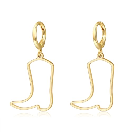 Cowgirl Dangle Cowboy Boot Earrings - Coastal Rodeo Dangling Drop Gold Western Jewelry for Women