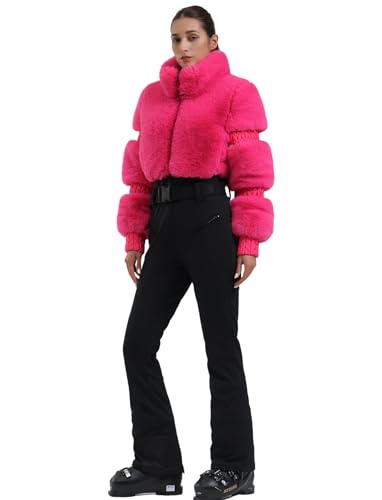 GSOU SNOW Women Ski Suit One Piece Snowsuit Snowboard Faux Fur Collar Slim Jumpsuit Jacket Insulated Windproof Outdoor Winter Rose Red M