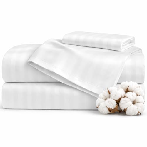 CUSTOMER DELIGHT Juego de sábanas de Lujo de 100% algodón Egipcio de 1000 Hilos, 4 Piezas, con Bolsillo extraprofundo, Rayas satinadas (King, Blanco)