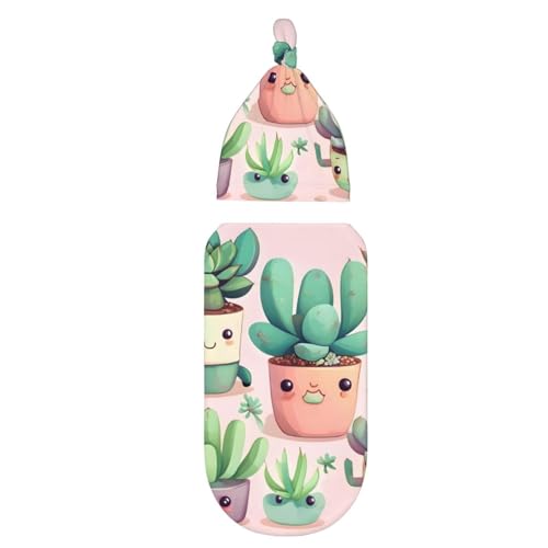 Lovely Succulent Plants Print Newborn Swaddle Blanket with Beanie Set, Soft Baby Sleep Sack Receiving Wraps, for Boy Girl