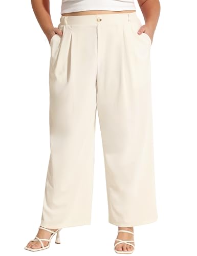 COOTRY Plus Size Wide Leg Dress Pants Women High Waisted Work Pants Business Casual Pants Trousers with Pockets Beige 3XL