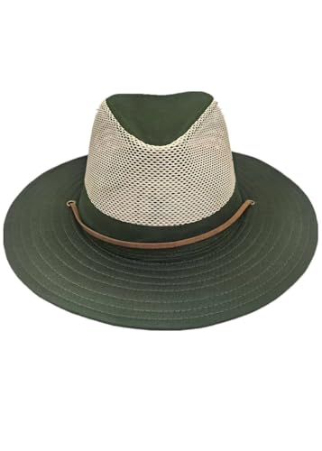 Image of Men's Flat Wide Brim Mesh Safari Outdoor Hat Panama Hat Travel Fishing Hiking with Windproof