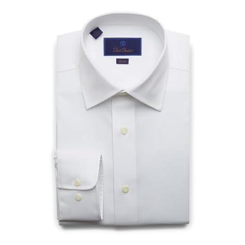 David Donahue Men's Slim Fit Long Sleeve Fine Twill Dress Shirt, White, 16.5" Neck 34/35" Sleeve Cover