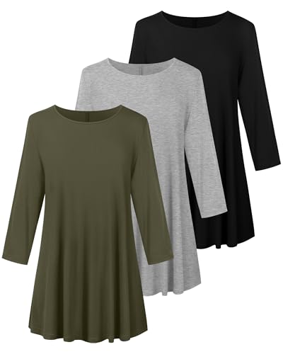 3 Pack Plus Size 3/4 Sleeve Tunics Tops for Curvy Women, Loose Fit Casual Comfy Swing Flare T-shirts for Leggings2