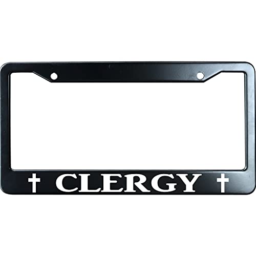 URCustomPro Clergy with Cross Logo Matte Black Stainless Steel License Plate Frame for Christian, Jesus/God Auto Car Tag Frame, Heavy Duty License Plate Cover Holder, 2 Holes with Screws