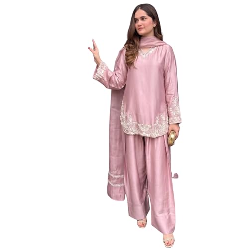 Image of Durwa wondermart Women Silk Crepe Embroidery Work full sleeve v neck with Patiala Gharara with net fabric dupatta set for women
