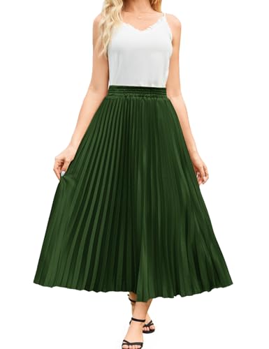 Flygo Pleated Skirts for Women Elastic High Waist A-Line Midi Skirt Casual Flowy Swing Pleated Skirt(Green-L)4