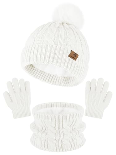 Glooarm Kids Winter Hat Gloves Scarf Set, Girls Toddler Winter Beanie Hat with Pom Knit Neck Warmer Gloves Fleece Lined Set