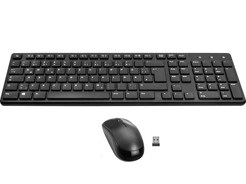 Speedlink SIGNIUM Deskset - Set Combo Teclado y Ratón Inalámbrico USB Wireless 2.4G, Diseño alemán QWERTZ, Funciona con Pilas, con Cable, Teclas multifunción, Sensor de 1200 PPP, Negro