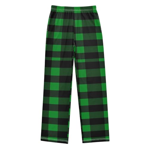 Xmas Black Green Gingham Pattern Pajama Pants Soft Lounge Sleepwear PJ Bottoms with Elastic Waist Ages 6–14 Years