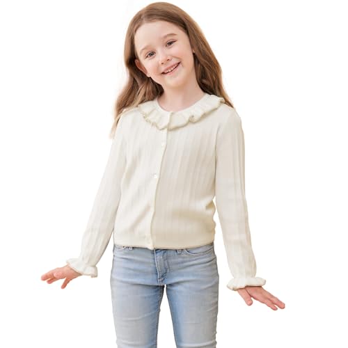 Girls Cardigan Sweet Ruffle Collar Sweater Button Long Sleeve Knit Tops for Girls Outfits