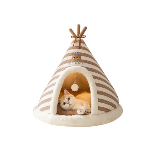 Galatée Katzenhöhlenbett, Süßes Katzenhaus-Hundeiglu Mit Abnehmbarem Kissen, Bequemes Dreieckiges Haustier-Tipi, Warmes Haustiernest Für Verbesserten Schlaf(XL, Braun)