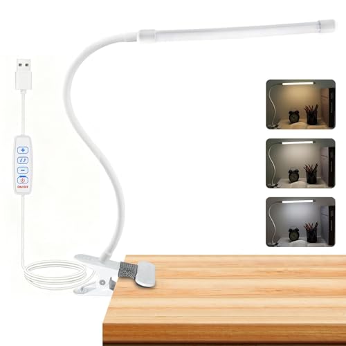 Akynite 8W LED Schreibtischlampe Klemmbar, 3 Farbwechsel & 10 Helligkeit, USB Klemmlampe mit Schalter und Kabel, Flexibel Schwanenhals Lampe Klemme, LED Klemmleuchte, Weiß