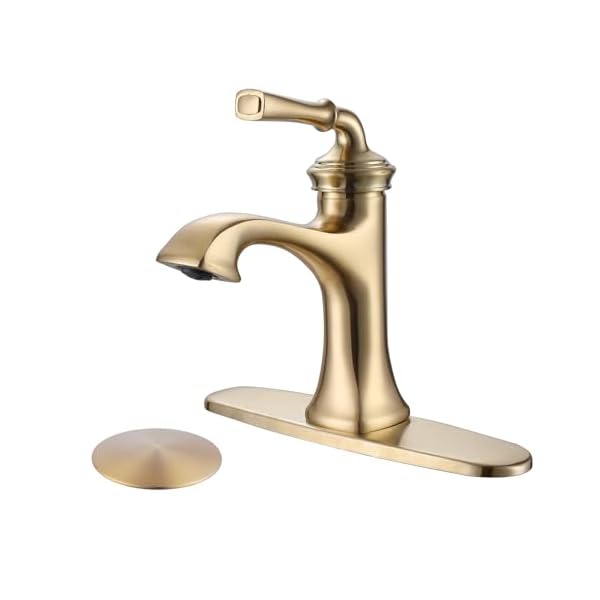   RBROHANT-Brass-Brushed-Gold-Bathroom-Faucets-with-Pop-up-Drain-and-10-Deck-Plate-Single-Handle-Bathroom-Faucet-for-1-Hole-or-3-Hole-Sink-Deck-Mounted-Supply-Lines-Included-BF65007BGPD