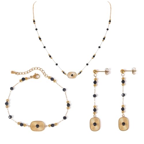 TaYolnFaSo Ensemble de bijoux en agate naturelle pour femmes - collier en agate et acier inoxydable, boucles d'oreilles, bracelet avec perles d'onyx noir