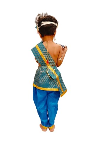 Image of BookMyCostume Krishna Costume with Heavy Jewellery and Pagdi and Brocade - Janmashtami Complete Premium Dress for Baby Kanha Boys & Girls - Light Blue 0-6 M