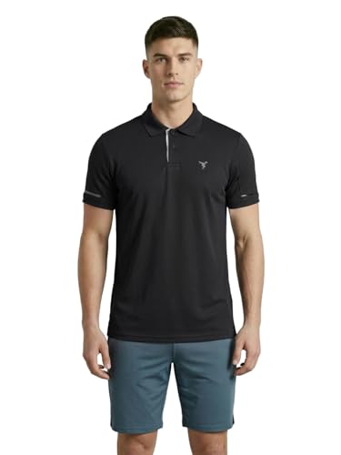 Image of TECHNOSPORT Men's Solid Slim Fit Polo Collar T-Shirt TECHNOCOOL+ Half Sleeve Button Polyester for Gym Running Workout UPF50+ Anti Odour