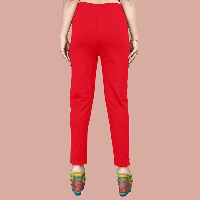 Image of Women's Solid Cotton Lycra Pants-High Waist Slim Fit Stretchable Leggings - Comfortable Long Trousers for Casual, Office & Everyday Wear