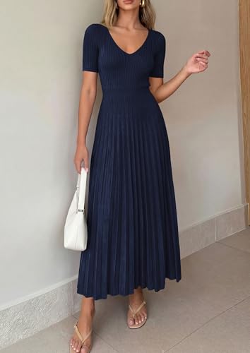 Image of PRETTYGARDEN Women's 2026 Spring Midi Sweater Dresses Elegant Pleated Ribbed Knit Short Sleeve V Neck A Line Summer Outfits