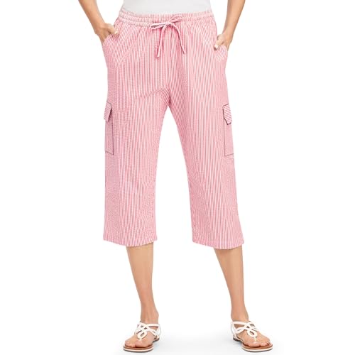 Collections Etc Striped Seersucker Drawstring Cargo Pocket Capri Pants