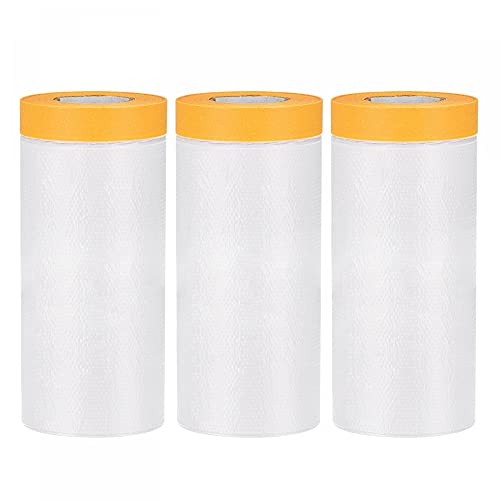Image of uxcell Pre-Taped Masking Film, 3ft x 82ft, Plastic Drop Cloth with High-Tack Painters Tape for Painting Protection Orange 3Pcs