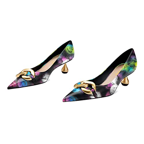 XYD Low Heel Closed Pointed Toe Pumps with Metal Chain Solid Golden Heeled Shoes for Women Slip On Professional Lady Formal3