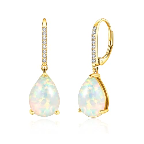 Leverback White Opal Dangle Earrings 14k Yellow Gold Plated Drop Earrings for Women Teardrop Earrings Elegant Jewelry Gifts for Christmas Birthday Party